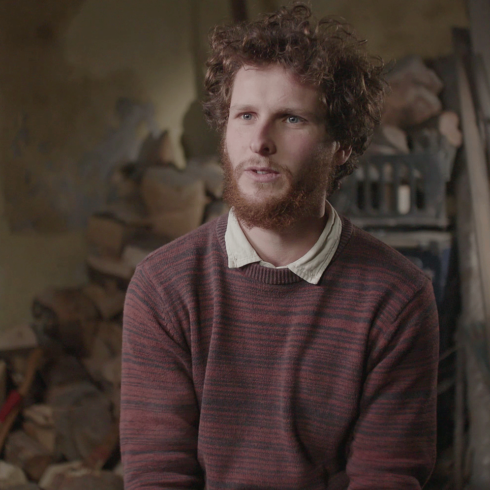 BBC Social - Finn, Stone Carver A screenshot of a film for BBC, showing stone carver Finn in his studio in the Scottish Borders.